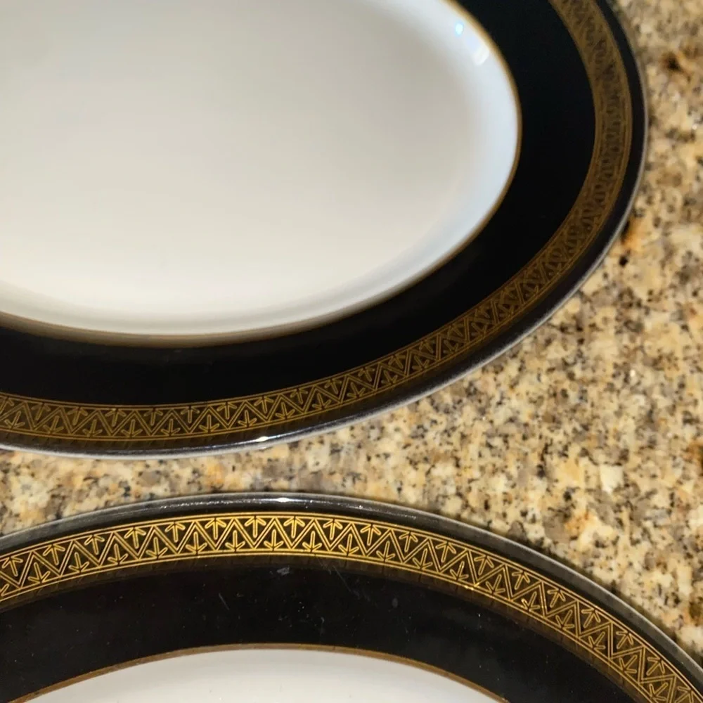 2 Mid Century Modern Shenango China Grecian Gold Black Band Oval Plates 12”x 9.5